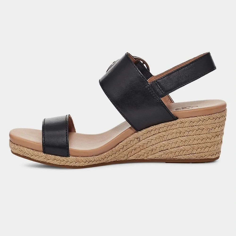 Sz38(7.5)⭐️NWT UGG Navee Black Leather Wedge Espadrille Sandals - Picture 8 of 10